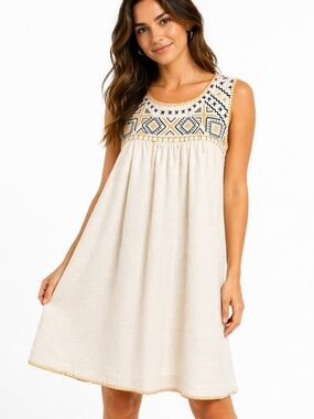 C&C CALIFORNIA 100% Linen‎ Embroidered Boho Dress Cream Sleeveless Size Small
